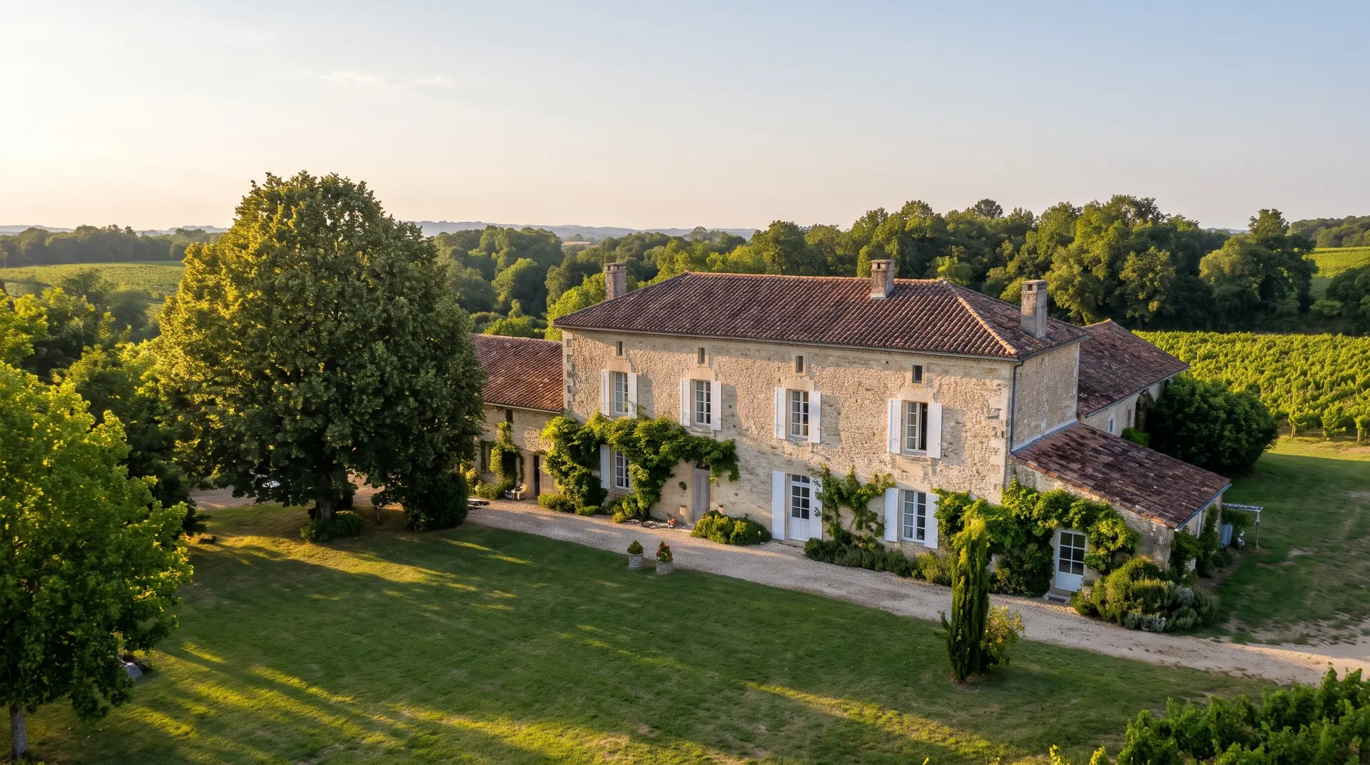 Maison de pierre aux volets blancs, entourée de vignes et d’arbres, dans la lumière du soir